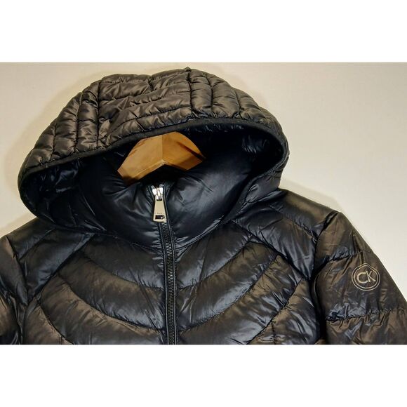 Calvin klien womens large premium duck down puffer jacket packable black hoodie - Picture 2 of 10